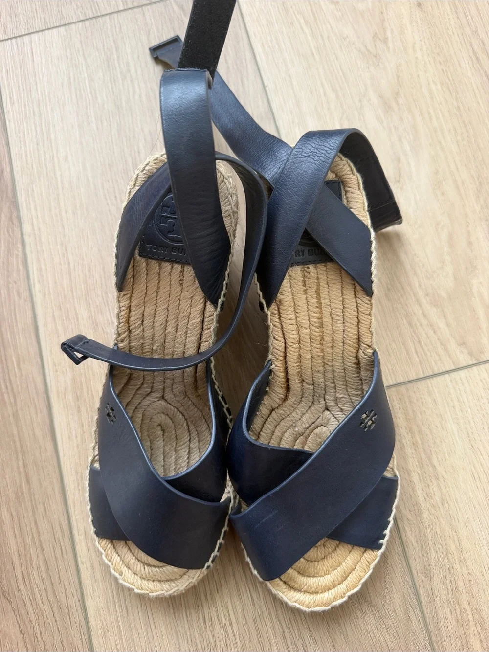 Tory Burch Navy Leather Crisscross Espadrille Wedges
